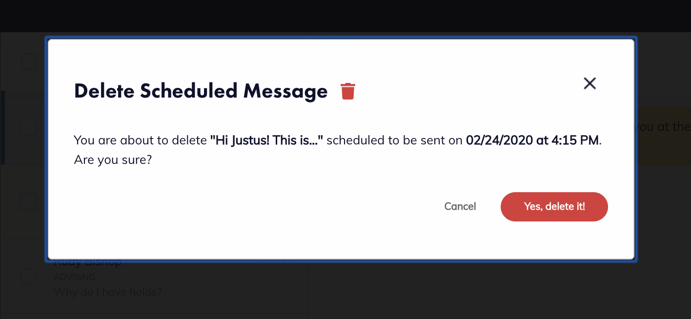Image of the deletion confirmation screen for deleting one of the contact's future scheduled messages.