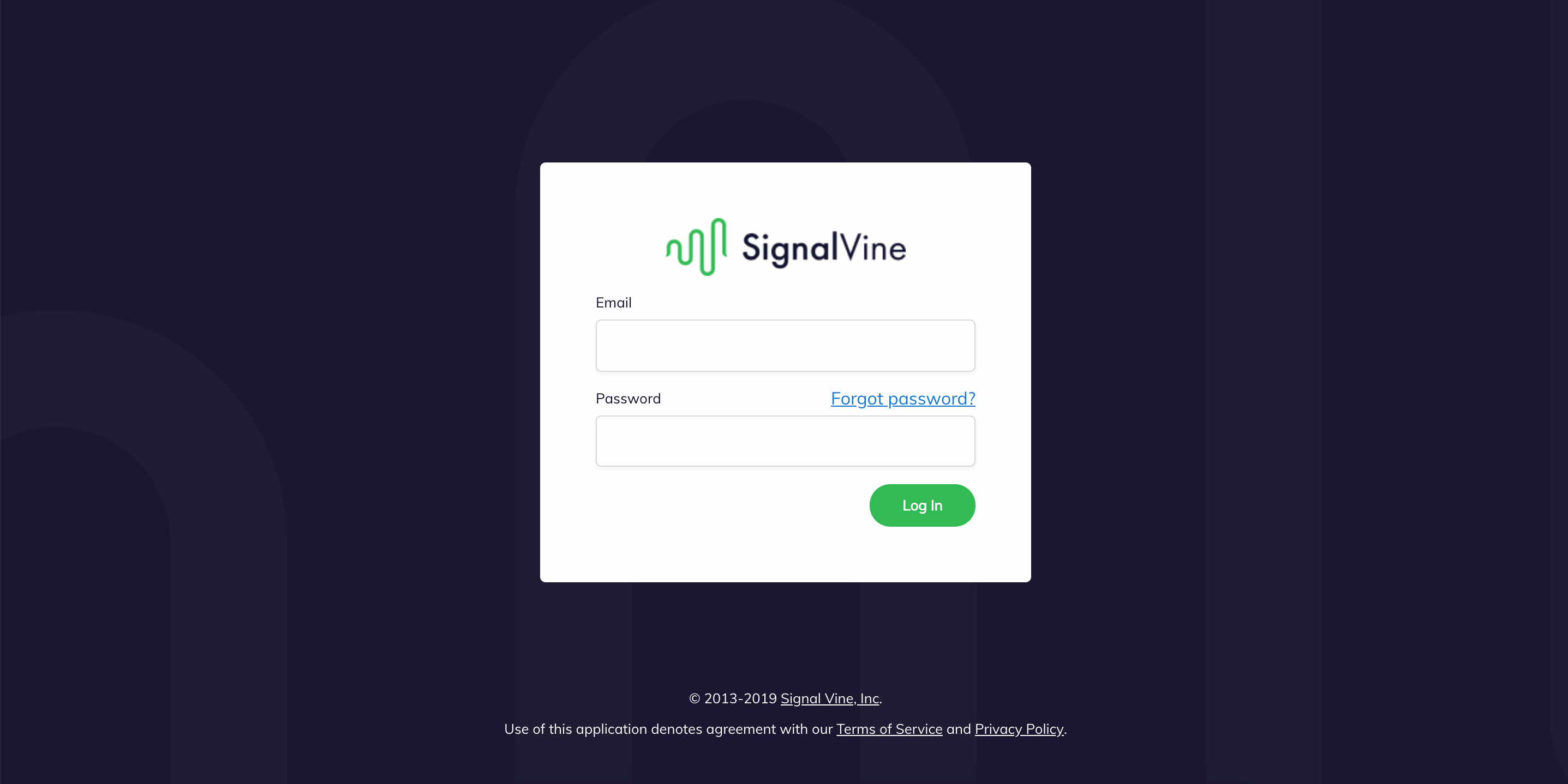 Image of Signal Vine log in featuring 'forgot password'